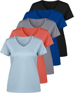 Camiseta de Mujer con Cuello en V, Manga Corta, Bloques de Color, Tejido de Punto, Secado Rápido, Corte Regular, Estilo Deportivo para Primavera/Verano, OEM ODM - Product Image 4