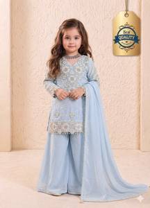 New Designer Kids Kurta Palazzo Dupatta Set Heavy Fox Georgette Embroidery 3 mm Sequence Work Full Sleeve Sharara Suit - Product Image 4