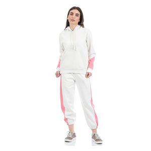 <b>Women</b> <b>White</b> Pink Color Block Hoodie And <b>Joggers</b> Set Casual Knitted Full Sleeve Autumn Wear - Product Image 3