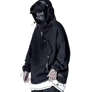 เสื้อฮู้ด Tactical Techwear สไตล์ Cyberpunk สำหรับผู้ชาย สีดำ สตรีทแวร์ ฮิปฮอป ทรงโอเวอร์ไซส์ พร้อมสายรัดและหัวเข็มขัด ดีไซน์ใช้งานได้จริง - Product Image 4