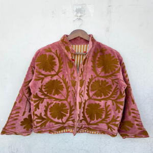Artisan Floral Suzani Velvet Winter Breathable Cotton <b>Womens</b> Jacket Hand Embroidered Bohemian Detailing Elegant Vintage Inspired - Product Image 1