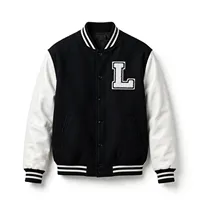 Veste de baseball en laine noire pour homme avec manches en cuir PU blanc et bouton-pression lettre L