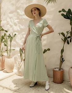 Vestido de Lino de Manga Corta con Bolsillos, Nuevo, Estilo Europeo Americano, Casual, Cuello en V, Largo hasta la Rodilla, con Botones - Product Image 4