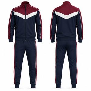 Ensemble de survêtement sportif pour homme, bleu marine, rouge et blanc, avec fermeture éclair intégrale, respirant, en polyester, pour l'automne, avec poches latérales - Product Image 1