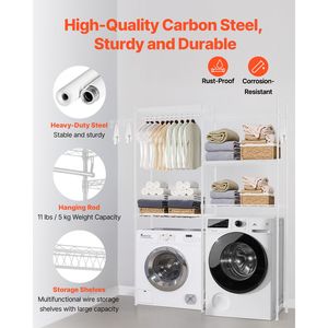 Scaffale portaoggetti a 5 livelli sopra lavatrice/asciugatrice, regolabile, a due file, con asta appendiabiti e ganci per lavanderia - Product Image 3