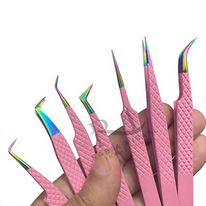 Pince à cils multi-pointes en acier inoxydable, revêtement poudré rose, poignée diamant, 7 pointes différentes / Emballage boîte noire - Product Image 4