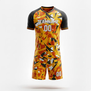 Ensemble de maillots de football géométriques jaunes et orange personnalisés, manches courtes, col en V, polyester respirant, pour hommes adultes, nom de l'équipe imprimé - Product Image 1