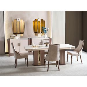 Ensemble de salle à manger moderne de luxe en teck massif, écologique et durable, avec 7 chaises et table rectangulaire dorée, idéal pour entrée d'appartement contemporain - Product Image 1