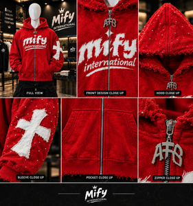 เสื้อฮู้ดซิปสีแดงแบบใหม่สำหรับขายส่ง แต่งลายขาดๆ พร้อมฮู้ดประดับเพชร พิมพ์ลายโลโก้สีขาวบนผ้า 100% ผ้าฝ้ายฟลีซ - Product Image 6