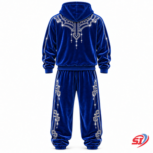 Conjunto de Sudadera con Capucha y Pantalones de Terciopelo Velour OEM Cobalt Dynasty Glow con Pedrería de Cristal, 95% Algodón, 5% Elastano, Premium - Product Image 2