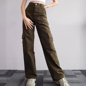 Wearpex Multi 6 <b>Pocket</b> Cotton Mid Waisted Mujer Ladies Khaki <b>Black</b> Wholesale Casual Streetwear Drawstring Flare Breathable Pants - Product Image 4