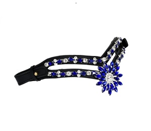 Diadema de Cuero Negro de Doble Fila de Primera Calidad con Centro de Cristal Azul Zafiro para Brida de Caballo - Product Image 4