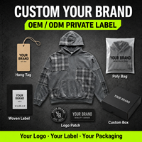 Hoodie Pria Berkualitas Tinggi Custom Washed dengan Patch Kotak-kotak Dekonstruksi, Bahan Fleece Tebal, Streetwear, Label Pribadi Pabrik