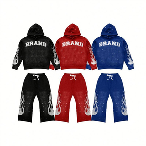 Style streetwear moderne, personnalisable, avec broderie et patchwork, imprimé, respirant, effet délavé, sweat à capuche zippé, pantalon de survêtement évasé pour homme - Product Image 1