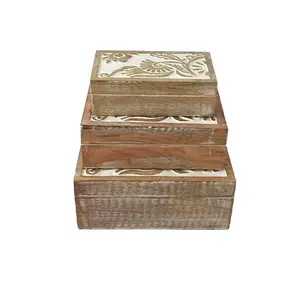 Wooden Jewelry Box Mango Wood Carved in Dark Wood and White Wash Finish luxury unique design