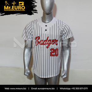 Custom Sublimation Baseball Jersey Badger 20 <b>Striped</b> <b>White</b> <b>Black</b> Short Sleeve Unisex Loose Fit Adult Team Apparel Front - Product Image 3