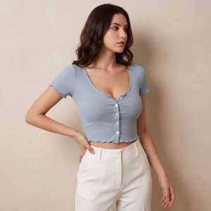 Women's Light Blue Ribbed <b>Cropped</b> <b>Top</b> With Button Front V-Neck Short Sleeve Slim Fit Casual Spring Summer Wear - Product Image 4