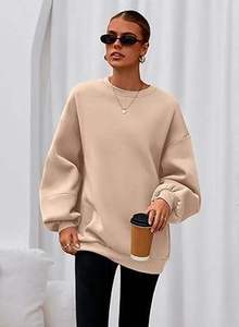 เสื้อสเวตเชิ้ตไหมพรมแขนยาวคอกลมทรงโอเวอร์ไซส์สำหรับผู้หญิง สีเบจล้วน สวมใส่ในฤดูใบไม้ร่วง ผลิตจากผ้าฝ้าย 100% ระบายอากาศได้ดี ทรงไหล่ตก - Product Image 1