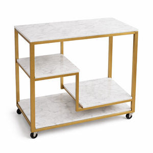 Chariot de bar en métal doré de luxe avec étagères en marbre blanc, chariot de service moderne sur roulettes pour la maison, l'hôtel et le restaurant - Product Image 2