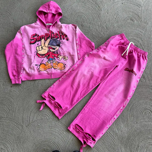 Ensemble de survêtement bleu foncé simpliste avec imprimé de personnage, sweat à capuche et pantalon, fermeture éclair, manches longues, streetwear, coupe ample, pour adultes, automne - Product Image 6