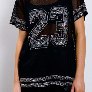 Trendy Premium Customized Rhinestone Women American Football Jersey Oversize Streetwear Boxy Crop Top Crystal See Through Jersey - Product Image 3
