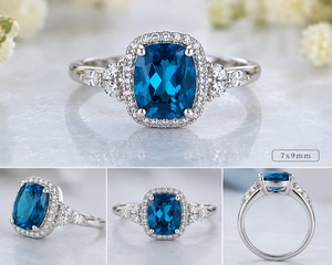 Anillo de Compromiso de Topacio Azul Londres Corte Cojín Natural para Mujer, Chapado en Rodio, Plata 925, Estilo Clásico, Gemas Mehrajuddin - Product Image 3