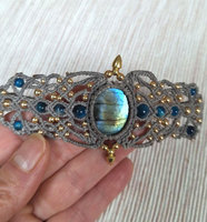 Pulsera de Labradorita Gris Rodio Hecha a Mano con Macramé, Brazalete Tejido con Cuentas de Cristal Azul Bohemio, Piedra Curativa, Regalo Vintage para Fiesta