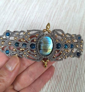 Handmade Rhodium Gray Macrame Labradorite <b>Bracelet</b> Boho Blue Crystal Bead Woven <b>Cuff</b> Healing Stone Statement Jewelry Gift for - Product Image 1