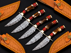 Cuchillo de Camping de Hoja Fija de Acero de Damasco Hecho a Mano con Punta Caída, Mango de Cuerno, Funda de Cuero Incluida, Garantía de 3 Años, Venta al por Mayor OEM - Product Image 1