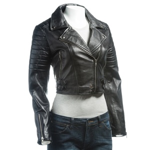 Veste en cuir courte tendance pour femme, style crop, coupe ajustée, veste de motard élégante pour l'hiver, tenue décontractée et de soirée - Product Image 5