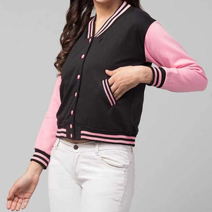 Chaqueta universitaria rosa y negra para mujer, manga larga, cuello en V, con botones, ribete en contraste, ropa exterior informal de otoño - Product Image 2
