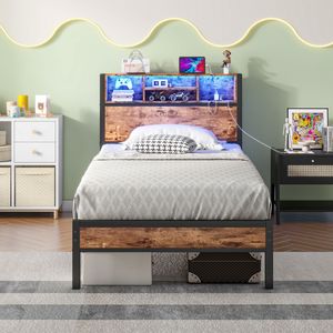 <b>Twin</b> Size Metal <b>Bed</b> <b>Frame</b> with Storage Headboard Charging Station & Bookcase No Box Spring Needed - Product Image 3