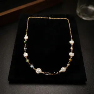 Vintage Brass Gold Plated Pearl Charm <b>Necklace</b> with Crystal & Rhinestone <b>Box</b> Chain Women's Jewelry 18 Inches Party Gift - Product Image 3