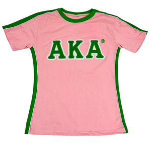 Camiseta Personalizada para Mujer, Estilo Sorority Streetwear, Corte Ajustado, Bordado Plano, Verde y Rosa, 100% Algodón Ecológico, Anti-Pilling - Product Image 1