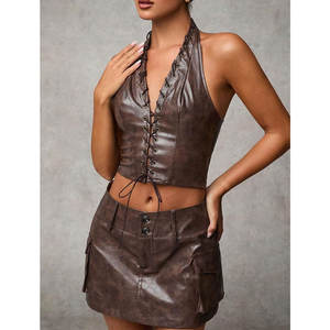 Jupe cargo en cuir PU pour femme, style rétro, taille basse, mini-jupe boutonnée avec poches à rabat - Product Image 4