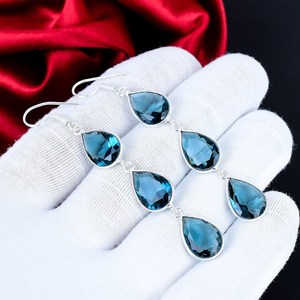 Pendientes de piedra preciosa Indicolite, pendientes de plata de ley 925, pendientes de plata estilo bohemio, pendientes bohemios para regalo, para mujer - Product Image 5