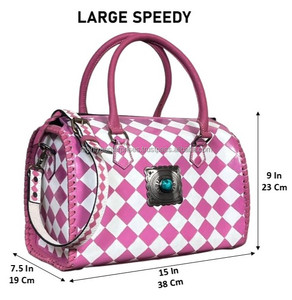 Pink & White Checkered Large Speedy Bag with Turquoise Concho Hand <b>Tooled</b> Cow <b>Leather</b> Crossbody Handbags Stylish Travel Duffels - Product Image 2