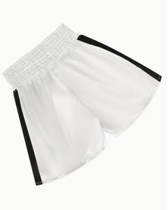 Shorts de boxe en satin blanc pour hommes, taille mi-haute, élastiques, séchage rapide, motif moucheté, PROFIT SPORTS, vente en gros, personnalisables - Product Image 2