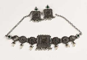 Two Tone Oxidized Silver Brass Choker <b>Necklace</b> <b>Set</b> with <b>Pearl</b> Drops & Jade Ethnic Floral Design Earrings for Women's Gift - Product Image 2