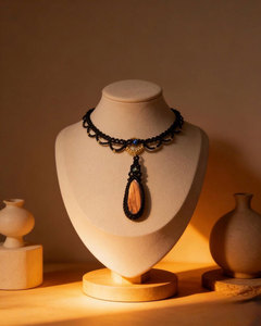 Handmade Macrame Choker <b>Necklace</b> Wooden Pendant Black Cord Boho <b>Statement</b> Jewelry Adjustable Artisan <b>Necklace</b> - Product Image 1