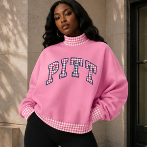 Sudadera de Mujer Personalizada de Alta Calidad, Color Crema, con Estampado de Cuadros Amarillos en el Cuello y el Dobladillo, Estilo Universitario, Forro Polar para Otoño - Product Image 3