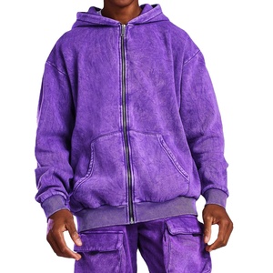 Men's Purple Acid Wash Tracksuit Full <b>Zip</b> <b>Hooded</b> Sweatshirt With Cargo Pants Solid Color 100% Cotton Casual Wear - Product Image 2