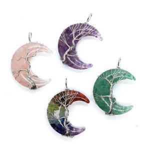 Collier pendentif en pierre précieuse croissant de lune 7 chakras, arbre de vie enroulé de fil, bijoux en cristal de guérison - Product Image 4