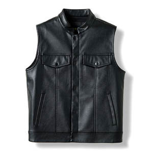 Gilet de motard en cuir et toile noire, col rond, fermeture boutonnée, poches à rabat sur la poitrine, gilet de protection respirant vintage pour l'automne - Product Image 1