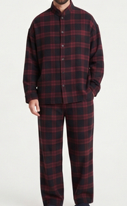Ensemble de pyjama en flanelle à carreaux pour homme, deux pièces, manches longues, col montant, boutons sur le devant, coupe régulière, coton d'hiver, deux pièces, décontracté, pour dormir - Product Image 5