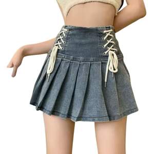 Jupe en jean plissée taille haute délavée style Harajuku pour femme avec ceinture - Product Image 3