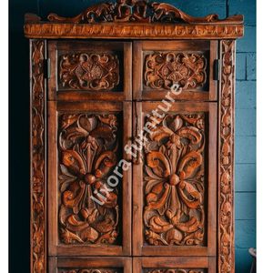Luxury Handcrafted Solid Wood 2 Door <b>Wardrobe</b> Ornate Botanical Carving Antique Honey Oak Armoire - Product Image 2