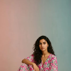 Elegant Floral Print Pink <b>Kaftan</b> Midi V-Neck Long Sleeve Hand-Blocked Artisanal Eco-Friendly Breathable High Waist <b>Summer</b> - Product Image 1