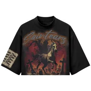 Camiseta Corta Personalizada para Hombre, 100% Algodón Lavado, Estilo Urbano con Diseño de Apliques, Hombros Caídos, Estilo Gráfico - Product Image 1