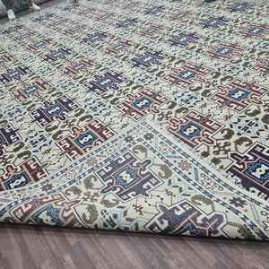 Tapis en laine noué à la main, tapis à motifs géométriques tribaux, tapis traditionnel crème bleu marron, décoration pour salon, chambre à coucher, maison - Product Image 2